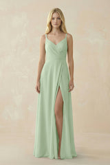 V - Neck Ruched Chiffon Bridesmaid Dress with Slit in Sage - KissProm Bridesmaid Dresses