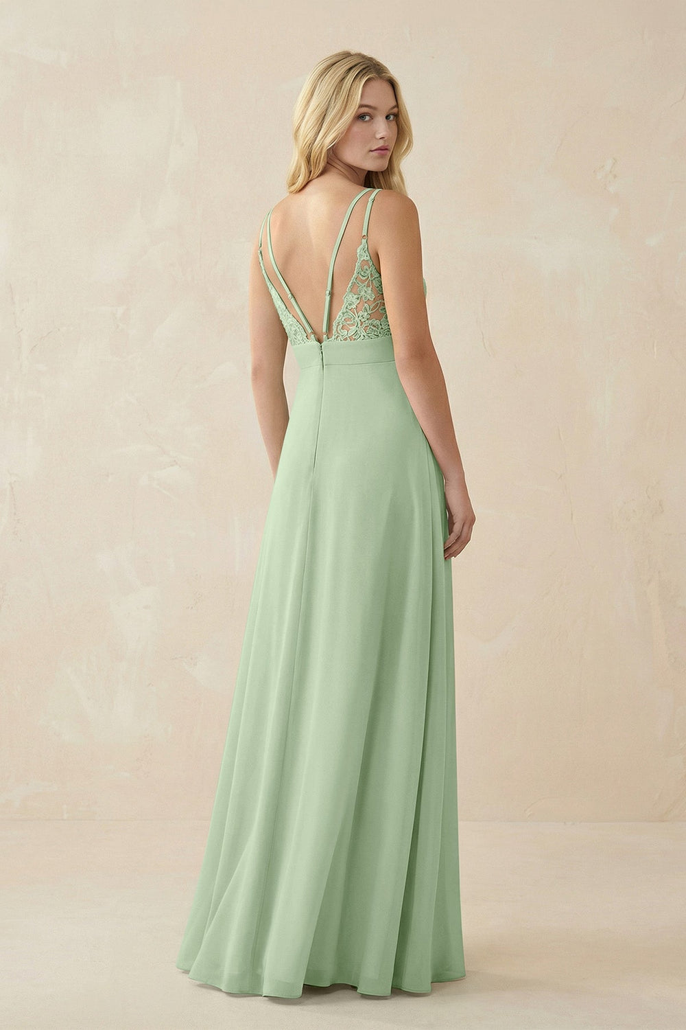 V - Neck Ruched Chiffon Bridesmaid Dress with Slit in Sage - KissProm Bridesmaid Dresses
