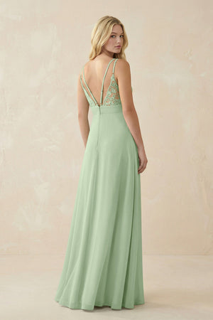V - Neck Ruched Chiffon Bridesmaid Dress with Slit in Sage - KissProm Bridesmaid Dresses