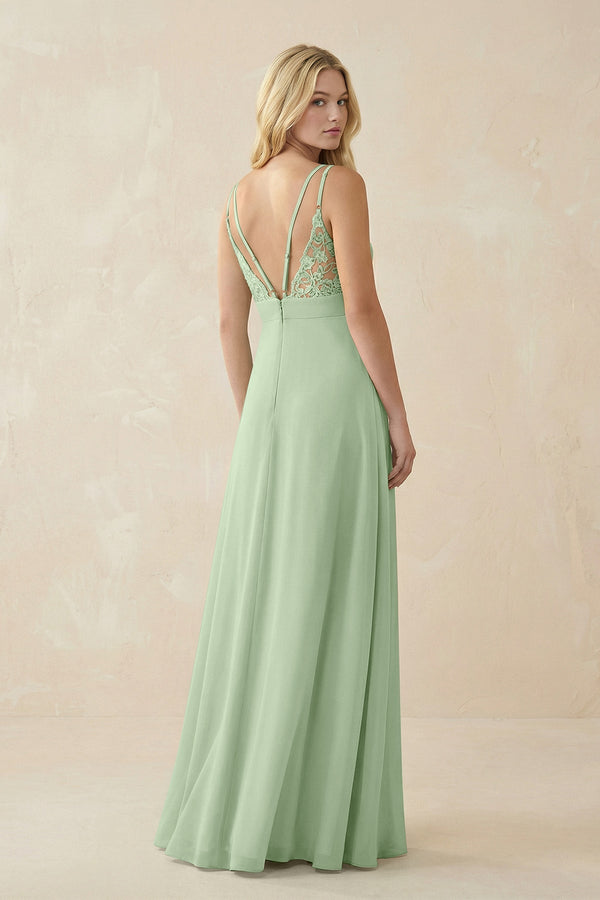 V - Neck Ruched Chiffon Bridesmaid Dress with Slit in Sage - KissProm Bridesmaid Dresses