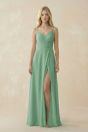 V - Neck Ruched Chiffon Bridesmaid Dress with Slit in Sea Glass - KissProm Bridesmaid Dresses