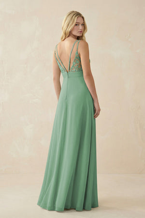V - Neck Ruched Chiffon Bridesmaid Dress with Slit in Sea Glass - KissProm Bridesmaid Dresses