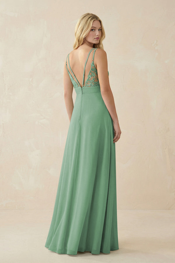 V - Neck Ruched Chiffon Bridesmaid Dress with Slit in Sea Glass - KissProm Bridesmaid Dresses