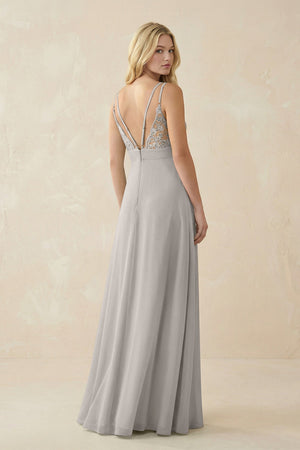 V - Neck Ruched Chiffon Bridesmaid Dress with Slit in Silver - KissProm Bridesmaid Dresses