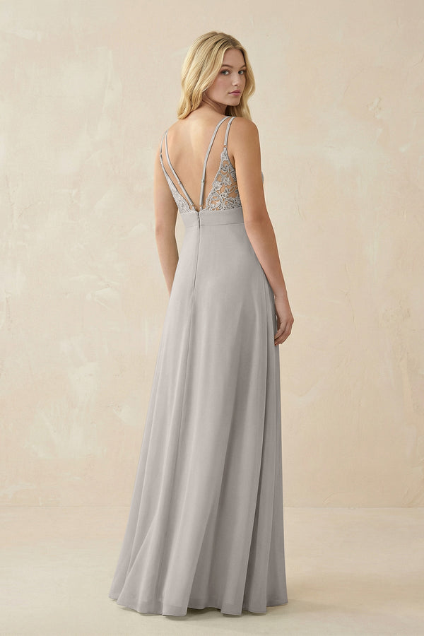 V - Neck Ruched Chiffon Bridesmaid Dress with Slit in Silver - KissProm Bridesmaid Dresses