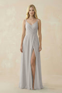V - Neck Ruched Chiffon Bridesmaid Dress with Slit in Silver - KissProm Bridesmaid Dresses