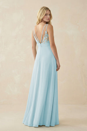 V - Neck Ruched Chiffon Bridesmaid Dress with Slit in Sky Blue - KissProm Bridesmaid Dresses