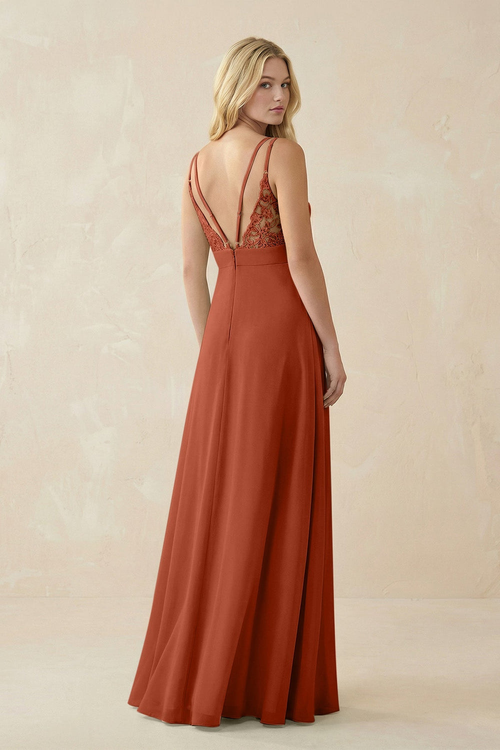 V - Neck Ruched Chiffon Bridesmaid Dress with Slit in Spice - KissProm Bridesmaid Dresses
