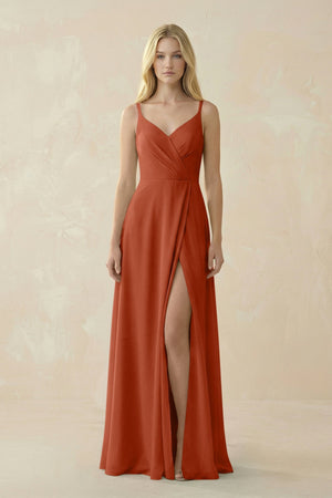 V - Neck Ruched Chiffon Bridesmaid Dress with Slit in Spice - KissProm Bridesmaid Dresses