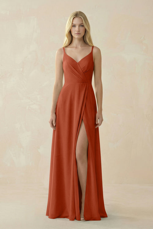 V - Neck Ruched Chiffon Bridesmaid Dress with Slit in Spice - KissProm Bridesmaid Dresses