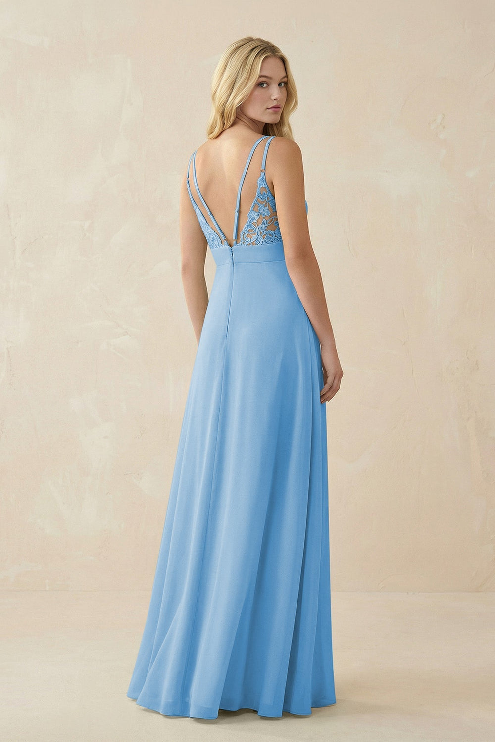 V - Neck Ruched Chiffon Bridesmaid Dress with Slit in Steel Blue - KissProm Bridesmaid Dresses