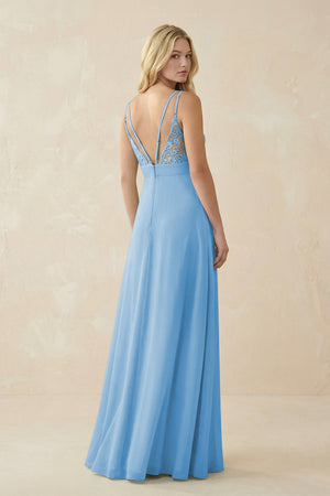 V - Neck Ruched Chiffon Bridesmaid Dress with Slit in Steel Blue - KissProm Bridesmaid Dresses
