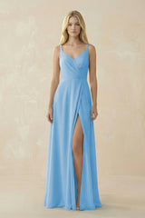 V - Neck Ruched Chiffon Bridesmaid Dress with Slit in Steel Blue - KissProm Bridesmaid Dresses