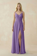 V - Neck Ruched Chiffon Bridesmaid Dress with Slit in Tahiti - KissProm Bridesmaid Dresses
