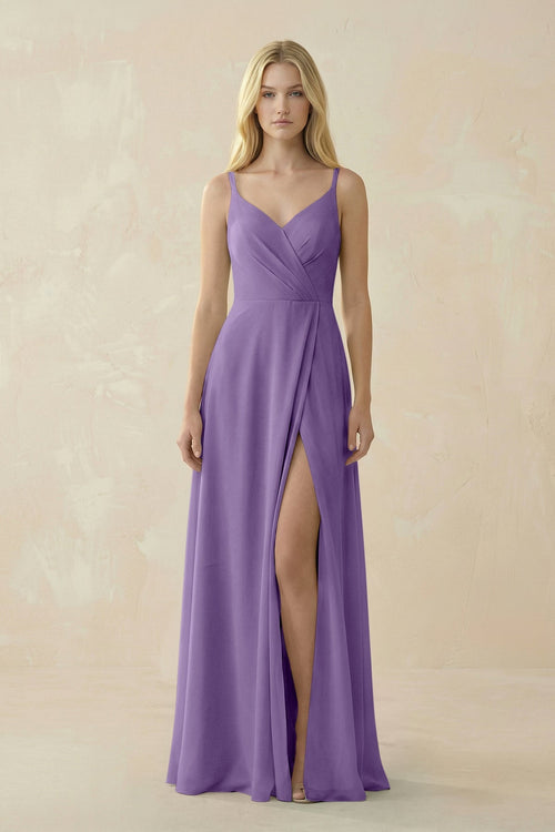 V - Neck Ruched Chiffon Bridesmaid Dress with Slit in Tahiti - KissProm Bridesmaid Dresses