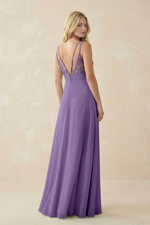 V - Neck Ruched Chiffon Bridesmaid Dress with Slit in Tahiti - KissProm Bridesmaid Dresses