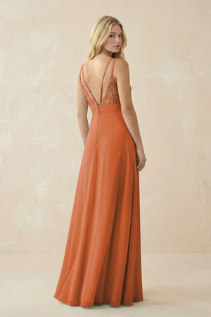 V - Neck Ruched Chiffon Bridesmaid Dress with Slit in Terracotta - KissProm Bridesmaid Dresses