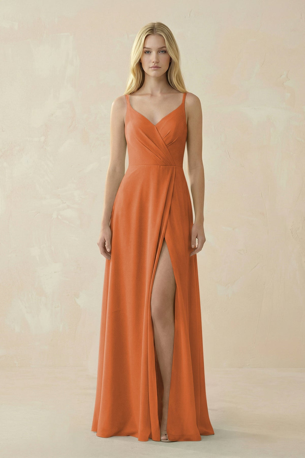 V - Neck Ruched Chiffon Bridesmaid Dress with Slit in Terracotta - KissProm Bridesmaid Dresses