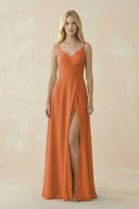 V - Neck Ruched Chiffon Bridesmaid Dress with Slit in Terracotta - KissProm Bridesmaid Dresses