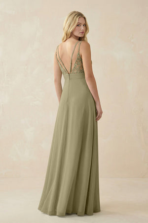 V - Neck Ruched Chiffon Bridesmaid Dress with Slit in Thyme - KissProm Bridesmaid Dresses