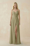 V - Neck Ruched Chiffon Bridesmaid Dress with Slit in Thyme - KissProm Bridesmaid Dresses