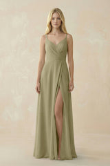 V - Neck Ruched Chiffon Bridesmaid Dress with Slit in Thyme - KissProm Bridesmaid Dresses