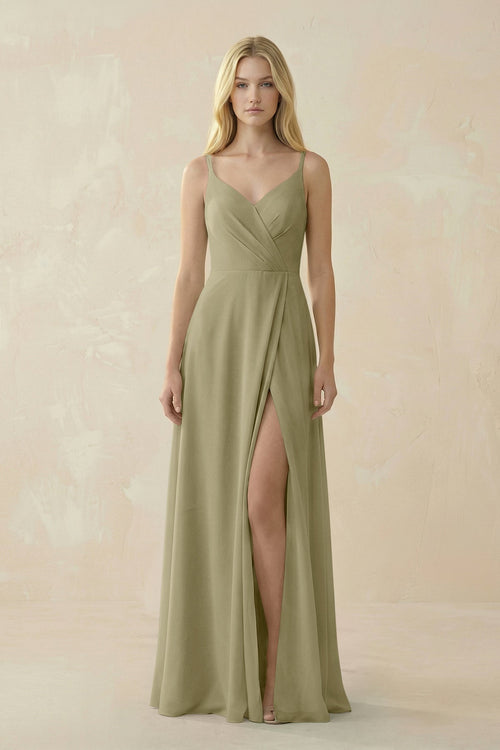 V - Neck Ruched Chiffon Bridesmaid Dress with Slit in Thyme - KissProm Bridesmaid Dresses