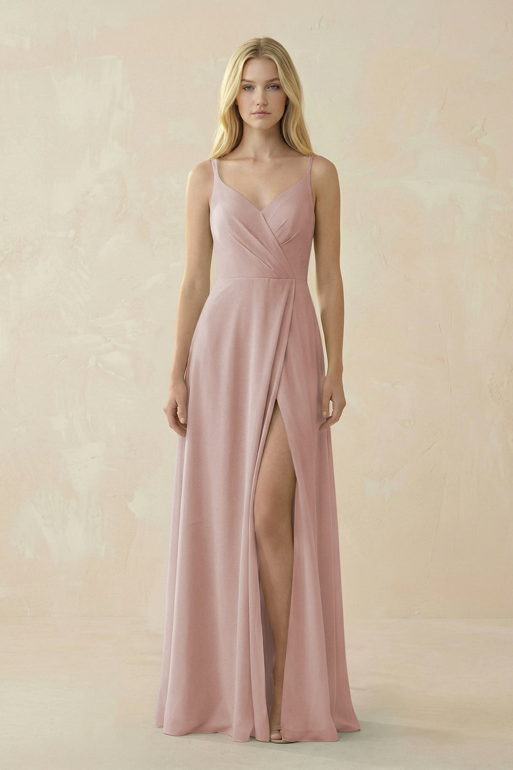 V - Neck Ruched Chiffon Bridesmaid Dress with Slit in Toffee - KissProm Bridesmaid Dresses