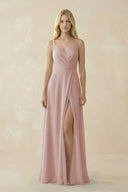 V - Neck Ruched Chiffon Bridesmaid Dress with Slit in Toffee - KissProm Bridesmaid Dresses
