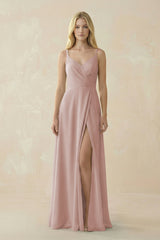 V - Neck Ruched Chiffon Bridesmaid Dress with Slit in Toffee - KissProm Bridesmaid Dresses