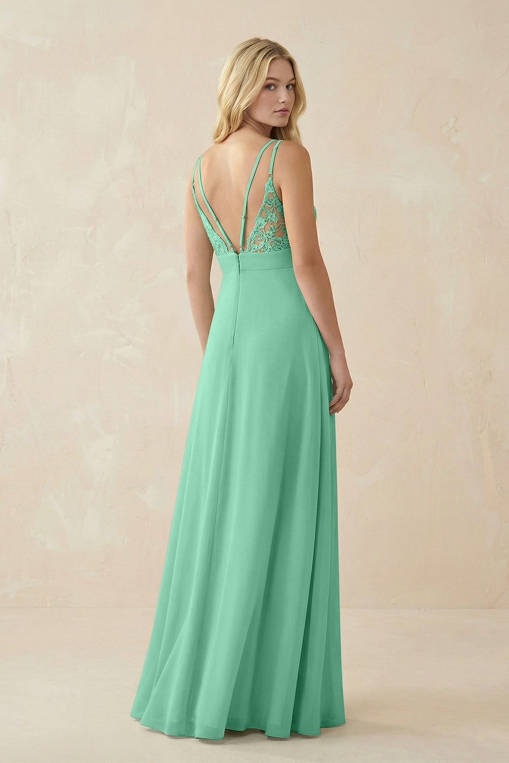 V - Neck Ruched Chiffon Bridesmaid Dress with Slit in Turquoise - KissProm Bridesmaid Dresses
