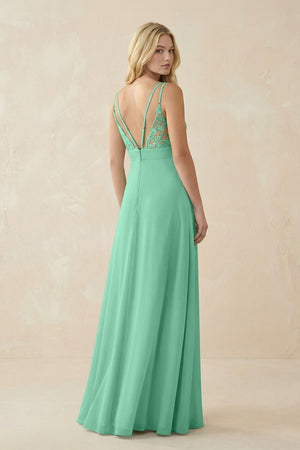 V - Neck Ruched Chiffon Bridesmaid Dress with Slit in Turquoise - KissProm Bridesmaid Dresses
