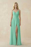 V - Neck Ruched Chiffon Bridesmaid Dress with Slit in Turquoise - KissProm Bridesmaid Dresses