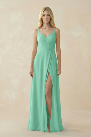 V - Neck Ruched Chiffon Bridesmaid Dress with Slit in Turquoise - KissProm Bridesmaid Dresses