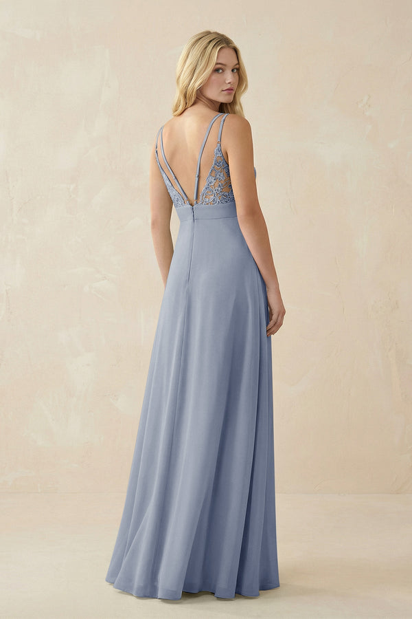 V - Neck Ruched Chiffon Bridesmaid Dress with Slit in Twilight - KissProm Bridesmaid Dresses