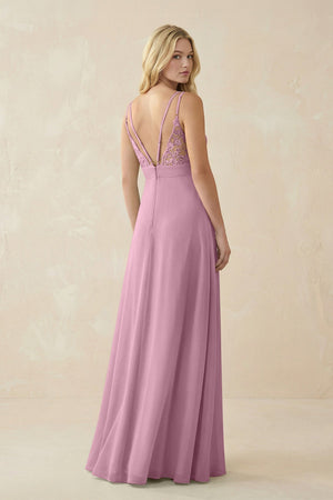 V - Neck Ruched Chiffon Bridesmaid Dress with Slit in Vintage Mauve - KissProm Bridesmaid Dresses