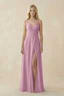 V - Neck Ruched Chiffon Bridesmaid Dress with Slit in Vintage Mauve - KissProm Bridesmaid Dresses