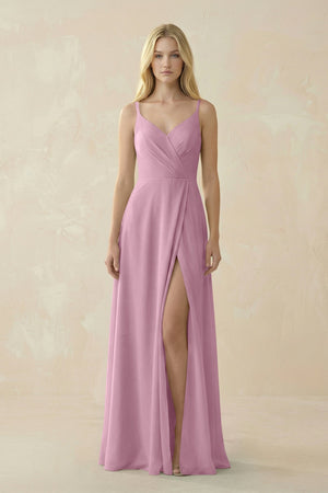 V - Neck Ruched Chiffon Bridesmaid Dress with Slit in Vintage Mauve - KissProm Bridesmaid Dresses