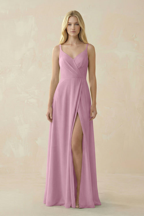 V - Neck Ruched Chiffon Bridesmaid Dress with Slit in Vintage Mauve - KissProm Bridesmaid Dresses