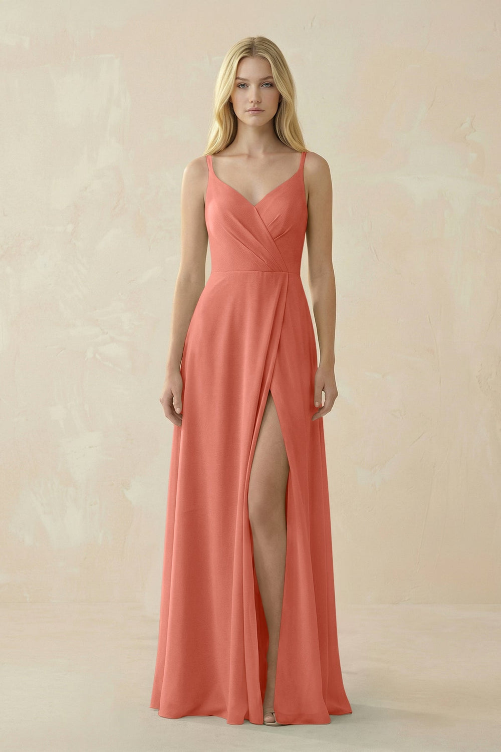 V - Neck Ruched Chiffon Bridesmaid Dress with Slit in Wild Rose - KissProm Bridesmaid Dresses