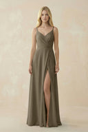 V - Neck Ruched Chiffon Bridesmaid Dress with Slit in Willow Green - KissProm Bridesmaid Dresses