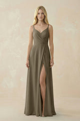 V - Neck Ruched Chiffon Bridesmaid Dress with Slit in Willow Green - KissProm Bridesmaid Dresses