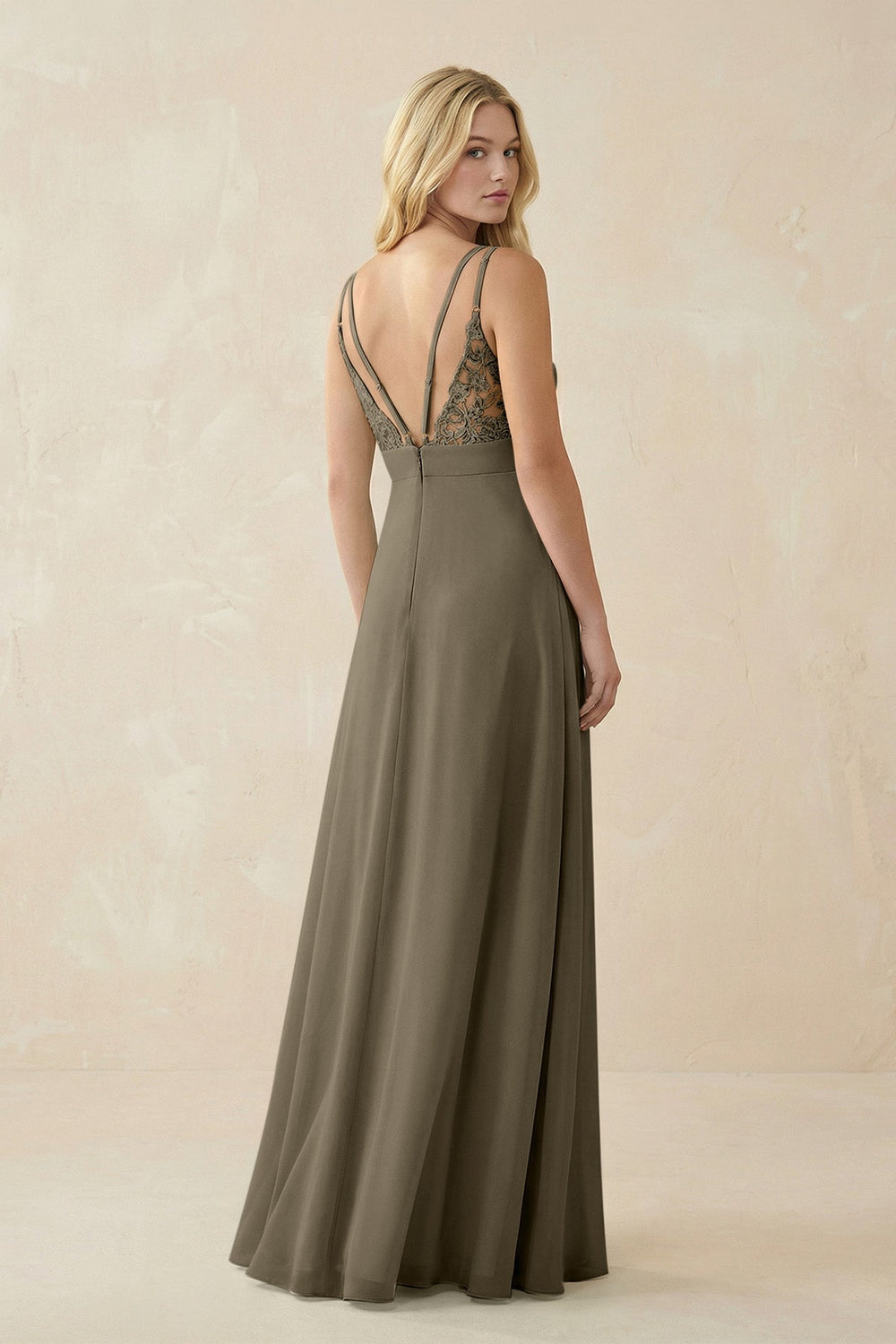 V - Neck Ruched Chiffon Bridesmaid Dress with Slit in Willow Green - KissProm Bridesmaid Dresses