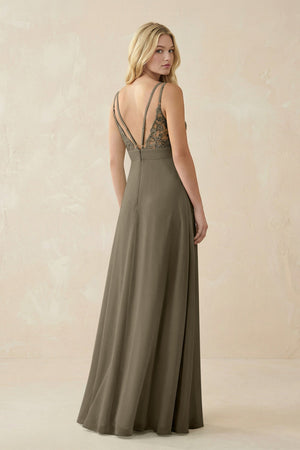 V - Neck Ruched Chiffon Bridesmaid Dress with Slit in Willow Green - KissProm Bridesmaid Dresses