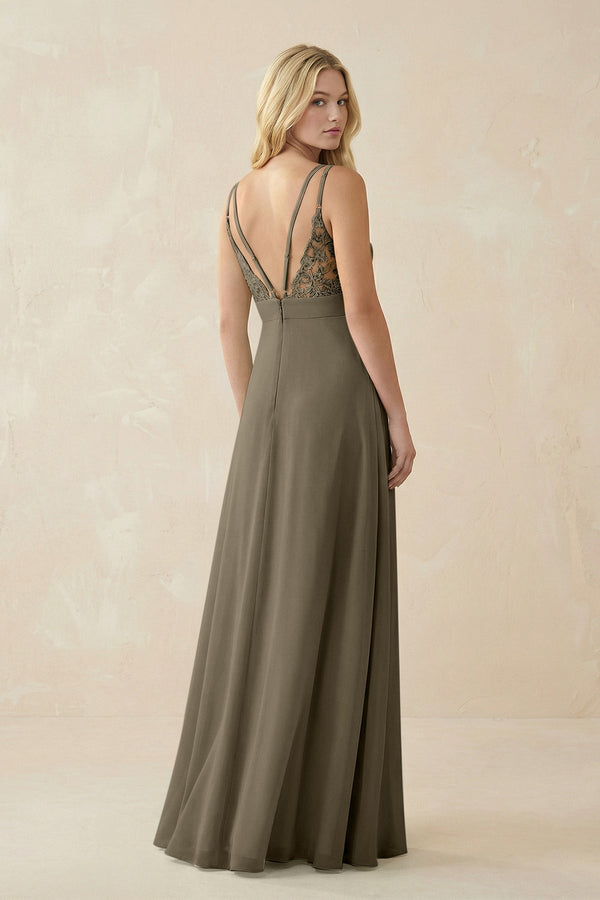 V - Neck Ruched Chiffon Bridesmaid Dress with Slit in Willow Green - KissProm Bridesmaid Dresses