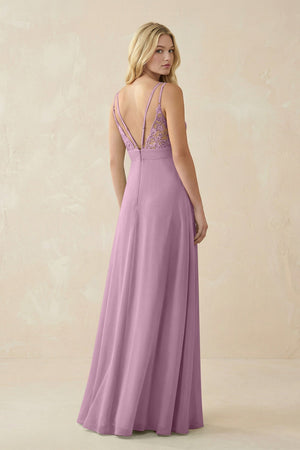 V - Neck Ruched Chiffon Bridesmaid Dress with Slit in Wisteria - KissProm Bridesmaid Dresses