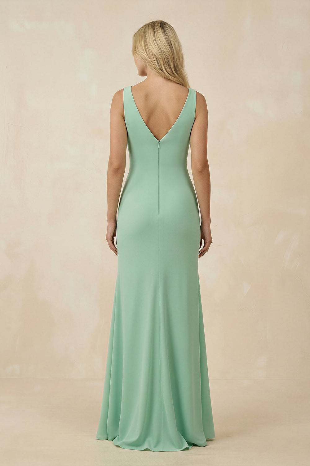 V-Neck Ruched Sheath Bridesmaid Dress with Slit in Pale Pistachio - KissProm BRIDESMAID DRESSES