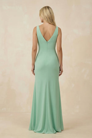 V-Neck Ruched Sheath Bridesmaid Dress with Slit in Pale Pistachio - KissProm BRIDESMAID DRESSES