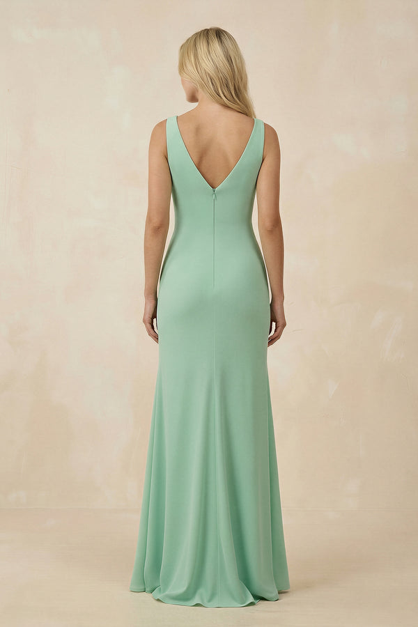 V-Neck Ruched Sheath Bridesmaid Dress with Slit in Pale Pistachio - KissProm BRIDESMAID DRESSES