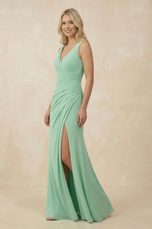 V-Neck Ruched Sheath Bridesmaid Dress with Slit in Pale Pistachio - KissProm BRIDESMAID DRESSES